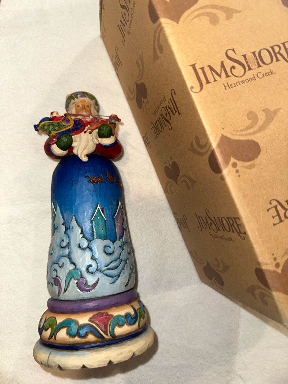 Jim Shore The Rooftop Await Santa Figurine with Blue Coat and Red Accents